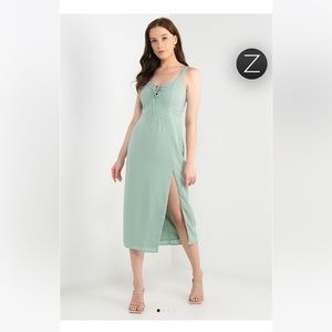 Abercrombie sage green corset midi dress with lace up detail